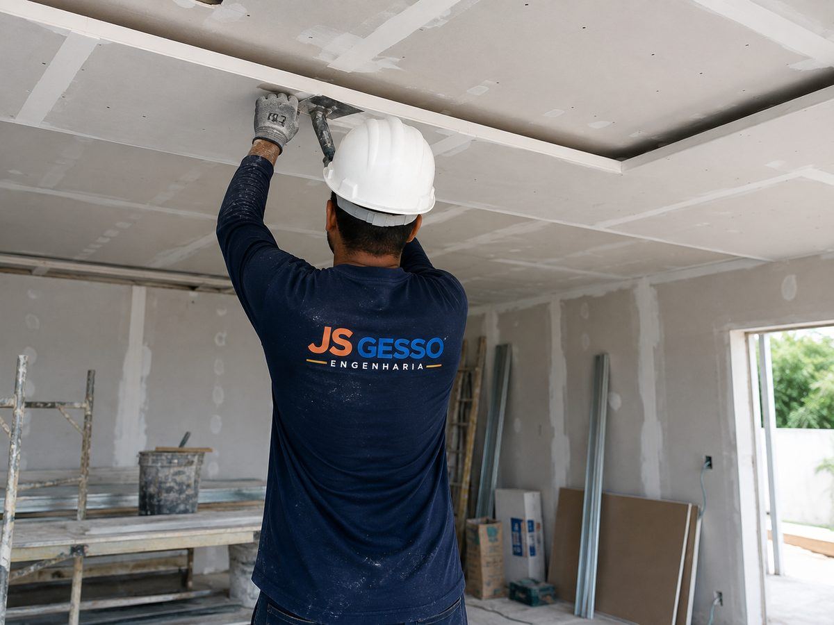 Profissional da JS Gesso Engenharia uniformizado finalizando forro de drywall