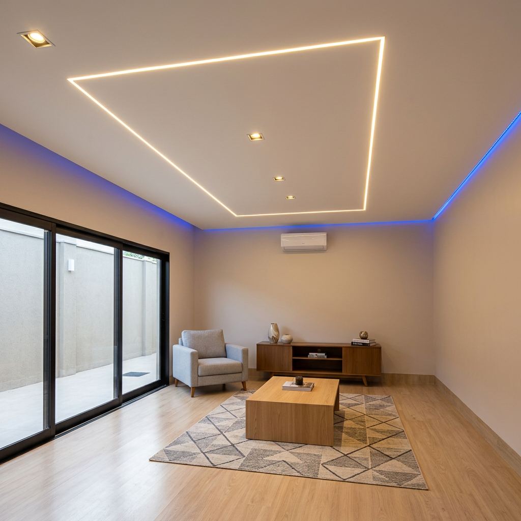 Sanca de gesso com iluminação em LED em quarto de alto padrão
